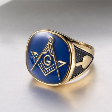 Vintage Blue Gold Color Titanium Steel Retro Masonic Men's Ring - The Jewellery Supermarket